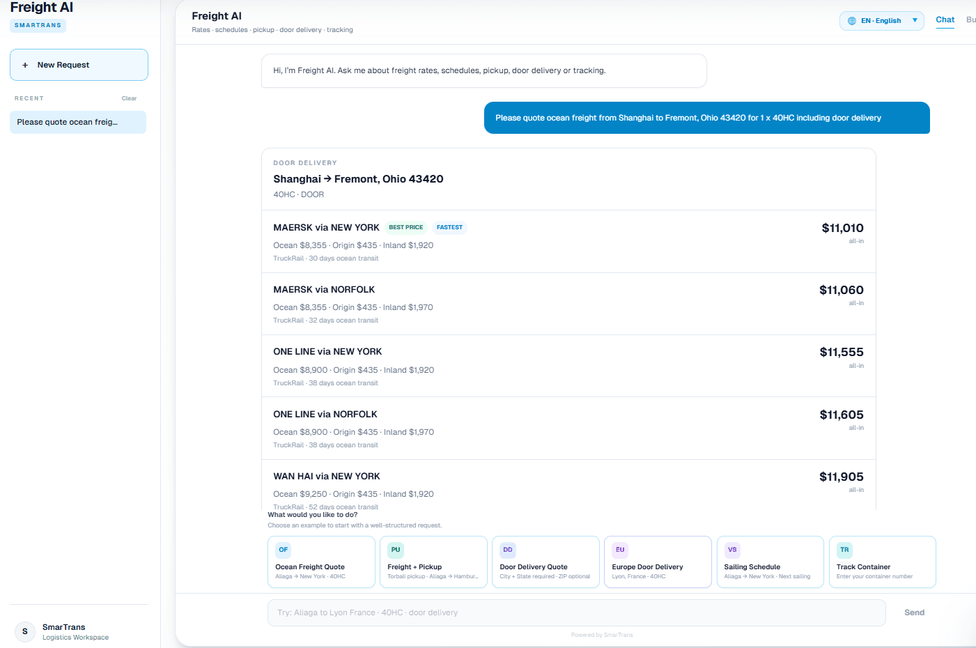 Freight AI comparing ocean freight and door delivery rates